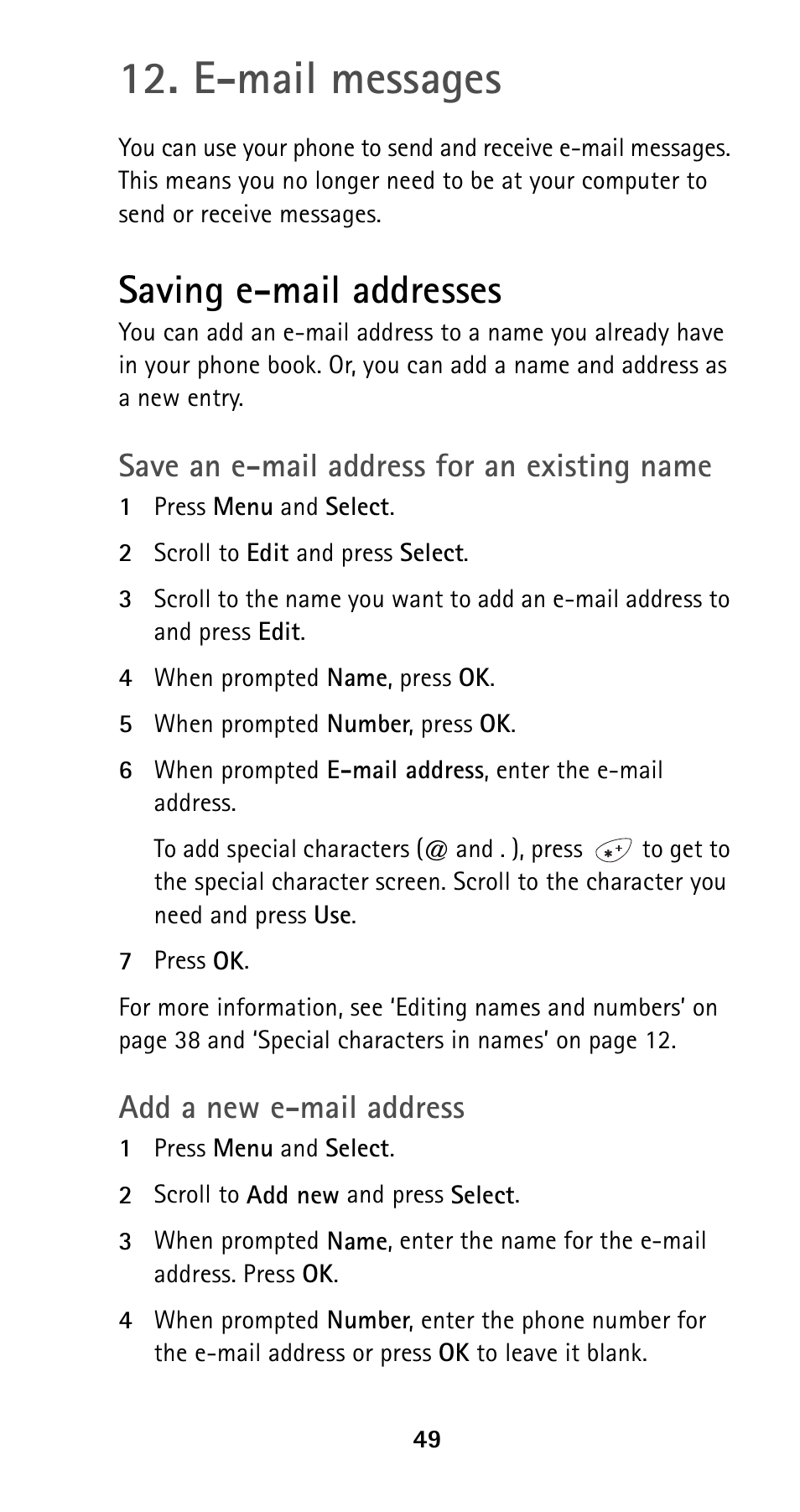 E-mail messages, Saving e-mail addresses, Save an e-mail address for an existing name | Add a new e-mail address | Nokia 5125 User Manual | Page 56 / 89