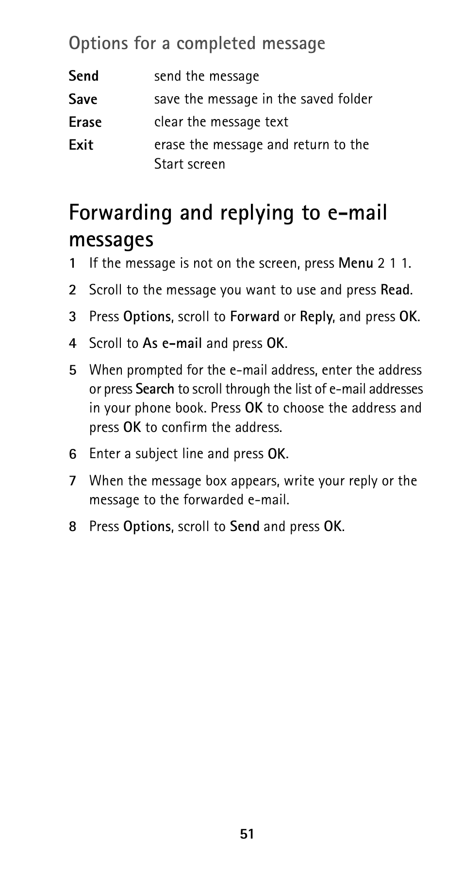 Forwarding and replying to e-mail messages, Options for a completed message | Nokia 5125 User Manual | Page 58 / 89