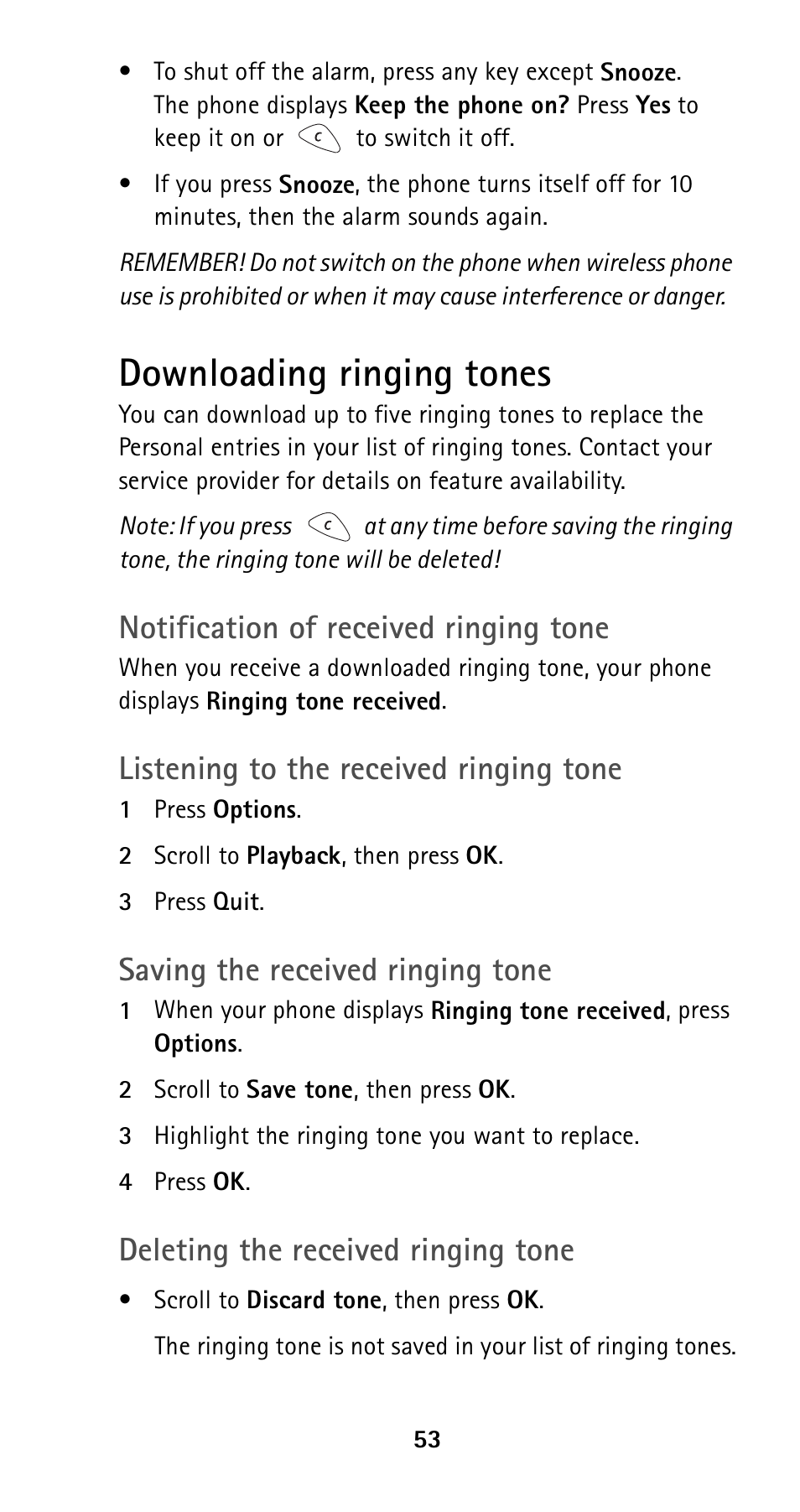 Downloading ringing tones, Notification of received ringing tone, Listening to the received ringing tone | Saving the received ringing tone, Deleting the received ringing tone | Nokia 5125 User Manual | Page 60 / 89