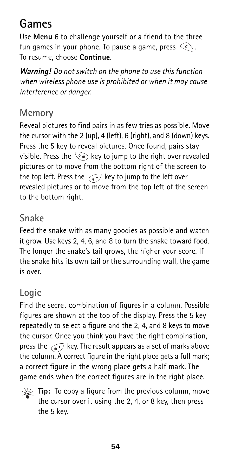 Games, Snake, Logic | Nokia 5125 User Manual | Page 61 / 89