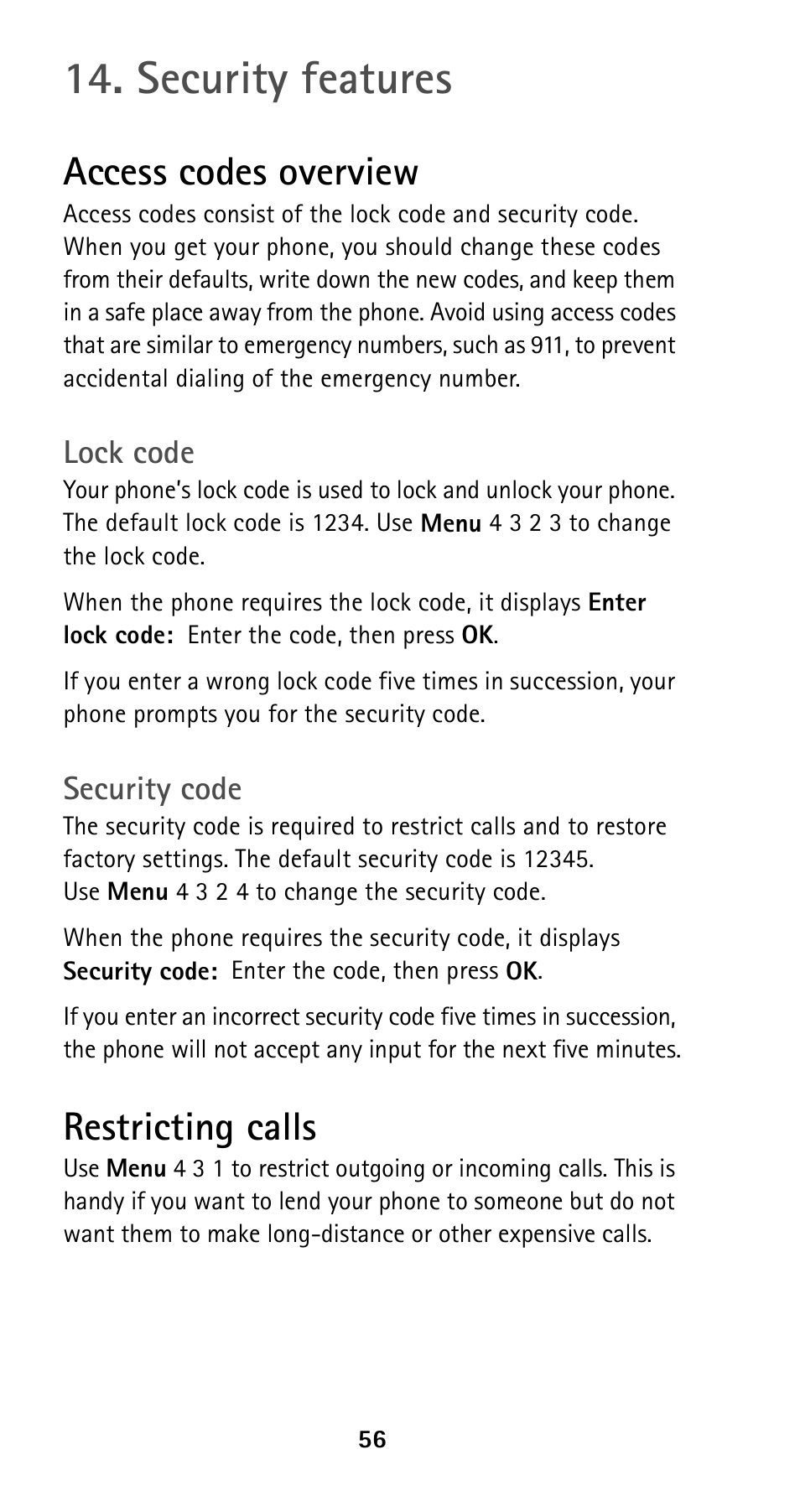 Security features, Access codes overview, Lock code | Security code, Restricting calls, Lock code security code | Nokia 5125 User Manual | Page 63 / 89