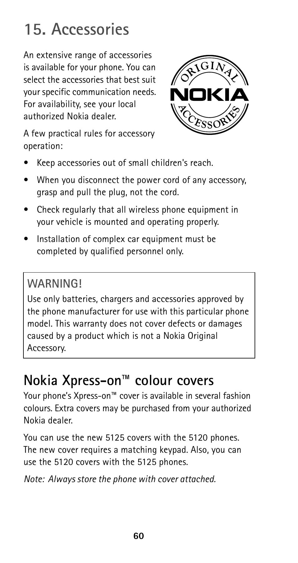 Accessories, Nokia xpress-on™ colour covers, Warning | Nokia 5125 User Manual | Page 67 / 89