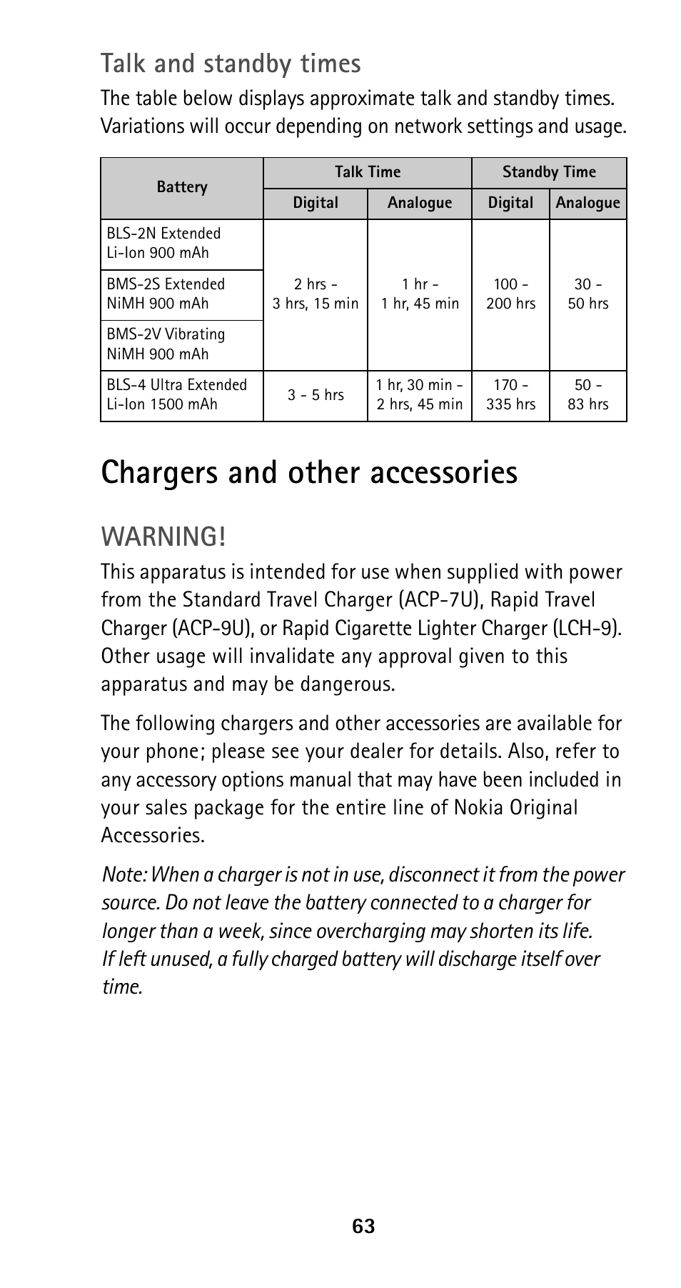 Chargers and other accessories, Talk and standby times, Warning | Nokia 5125 User Manual | Page 70 / 89