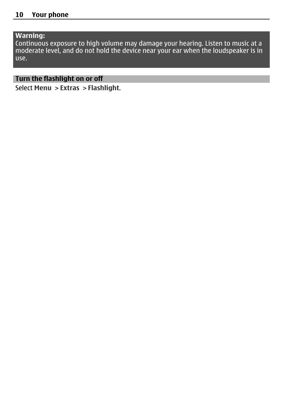 Turn the flashlight on or off | Nokia 5030 User Manual | Page 10 / 15