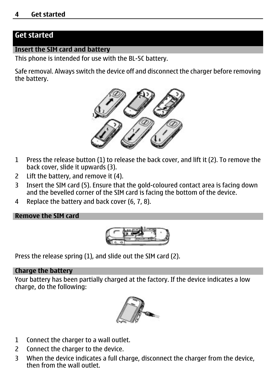 Get started, Insert the sim card and battery, Remove the sim card | Charge the battery | Nokia 5030 User Manual | Page 4 / 15