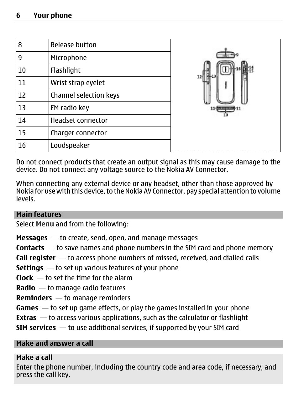 Main features, Make and answer a call | Nokia 5030 User Manual | Page 6 / 15