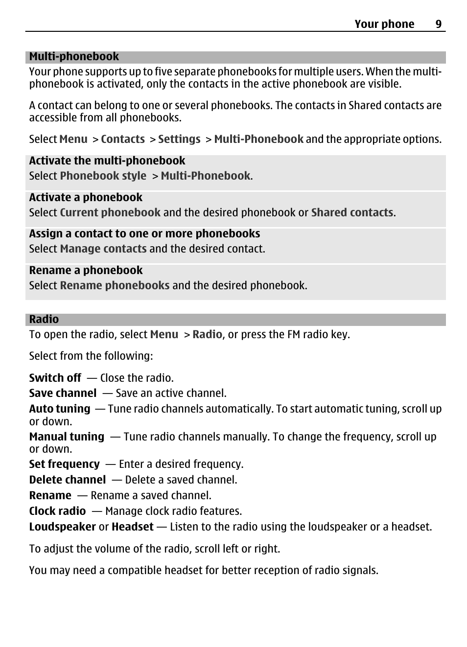 Multi-phonebook, Radio | Nokia 5030 User Manual | Page 9 / 15