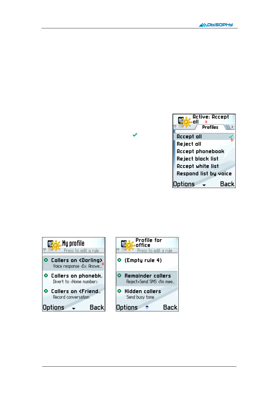 Profiles view, 1 profile list view, menu and context menu, 2 create new, view & edit profile | Nokia PhonePilot for S60 User Manual | Page 6 / 17
