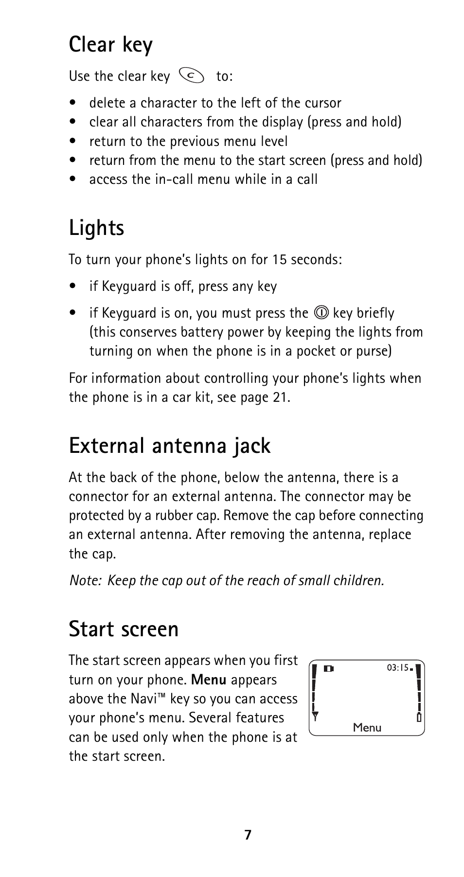 Clear key, Lights, External antenna jack | Start screen, See p. 7 | Nokia 5160i User Manual | Page 14 / 81