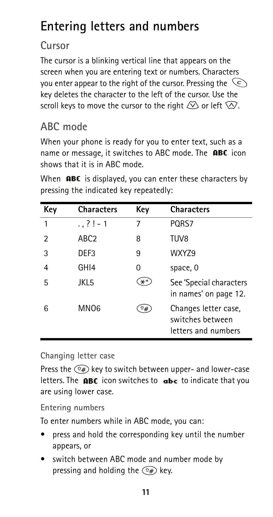 Entering letters and numbers, See p. 11, Cursor | Abc mode | Nokia 5160i User Manual | Page 18 / 81