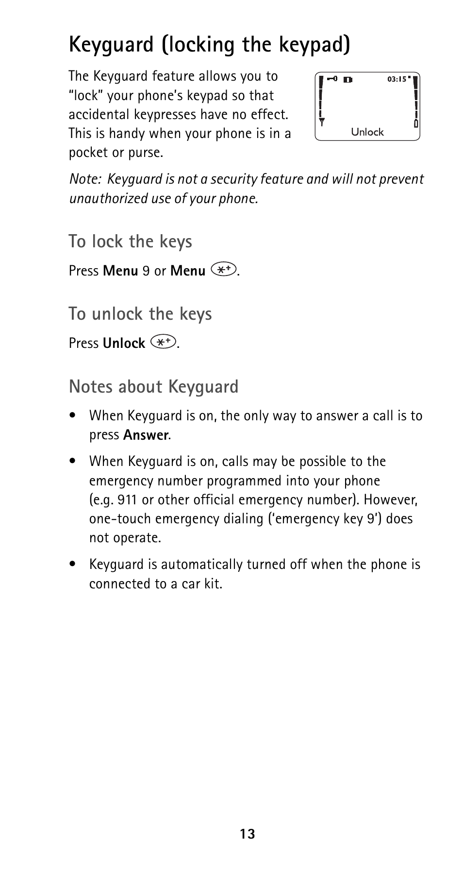 Keyguard (locking the keypad) | Nokia 5160i User Manual | Page 20 / 81