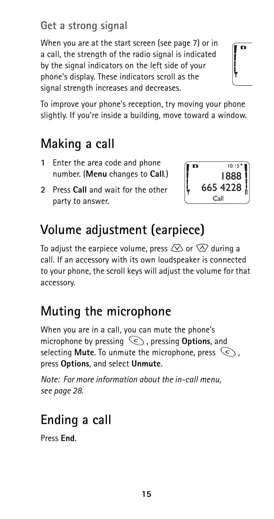 Making a call, Volume adjustment (earpiece), Muting the microphone | Ending a call, See p. 15, Get a strong signal | Nokia 5160i User Manual | Page 22 / 81