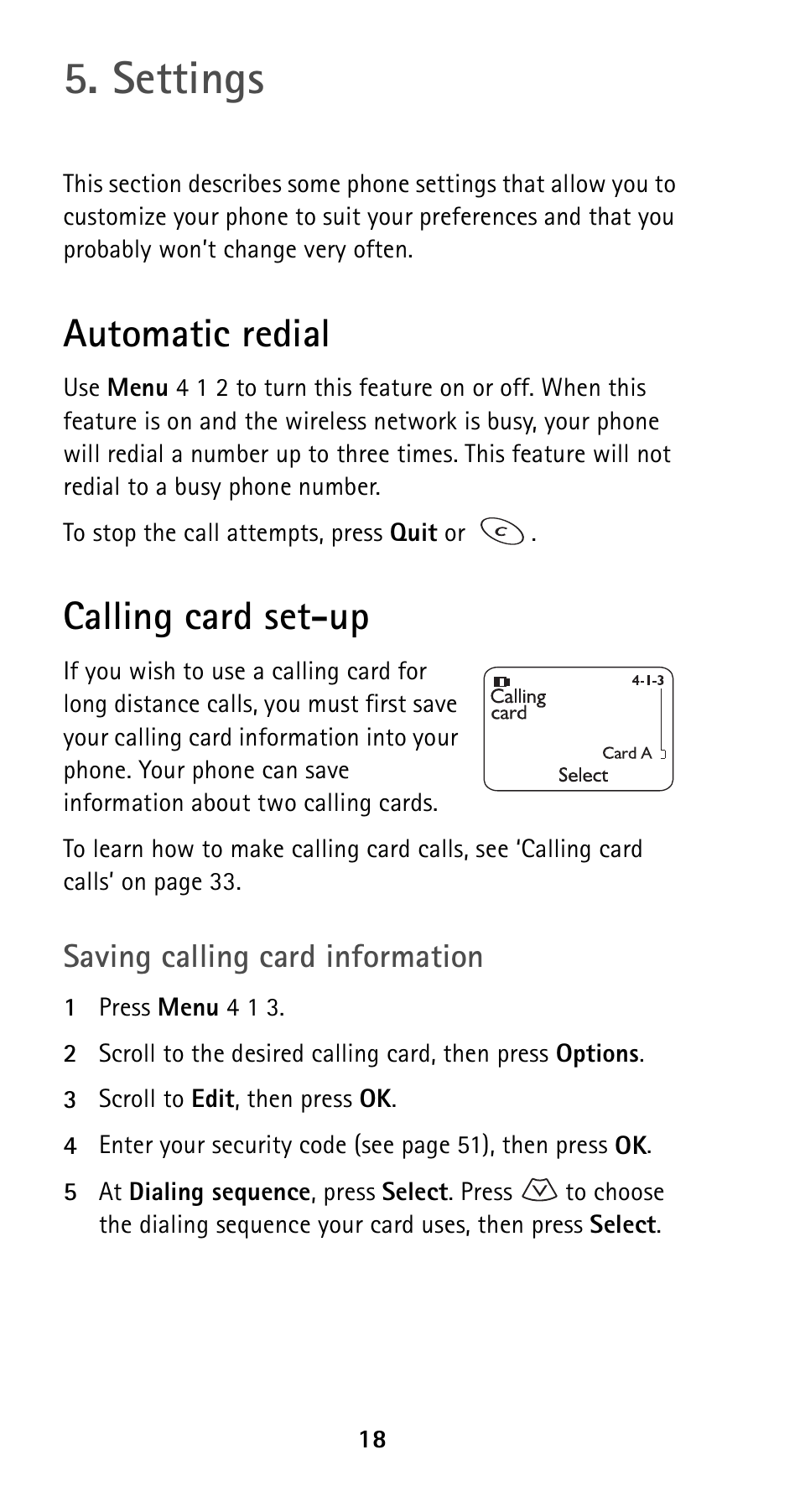 Settings, Automatic redial, Calling card set-up | Automatic redial calling card set-up | Nokia 5160i User Manual | Page 25 / 81