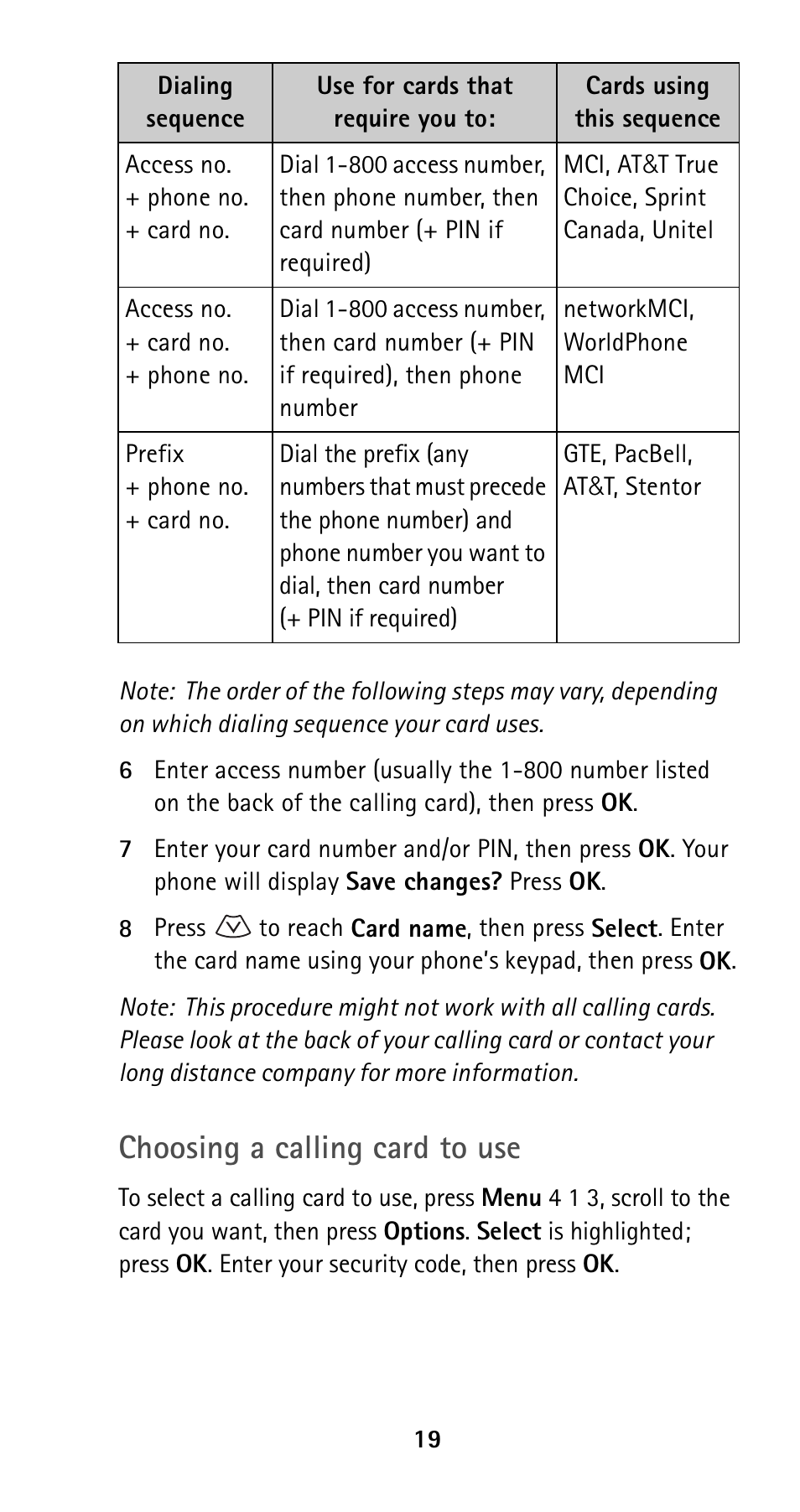 Choosing a calling card to use | Nokia 5160i User Manual | Page 26 / 81