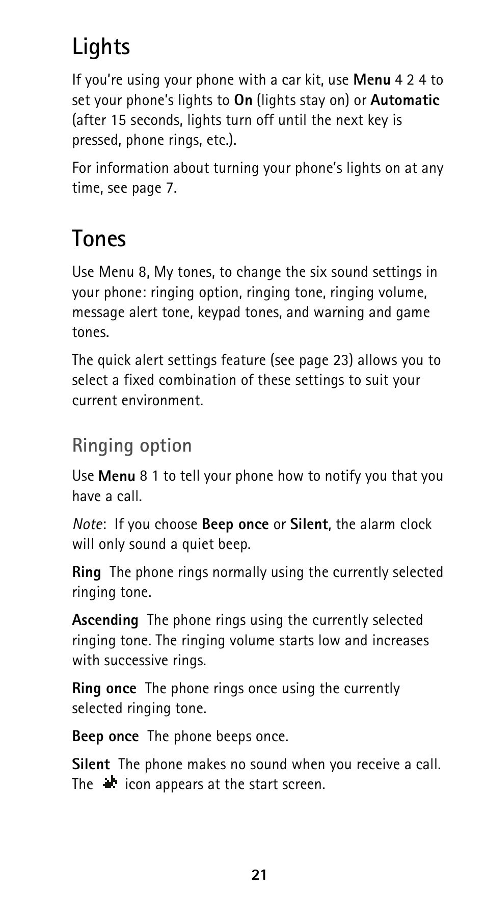 Lights, Tones, Lights tones | Ringing option | Nokia 5160i User Manual | Page 28 / 81