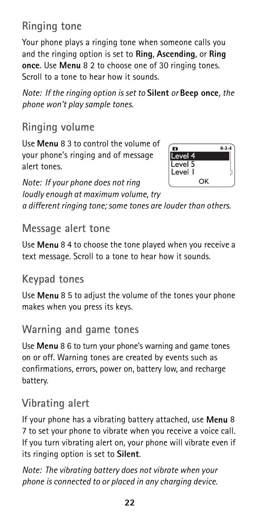 Ringing tone, Ringing volume, Message alert tone | Keypad tones, Warning and game tones, Vibrating alert | Nokia 5160i User Manual | Page 29 / 81