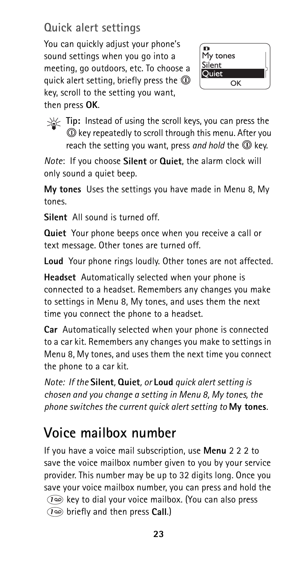 Quick alert settings, Voice mailbox number, See p. 23 | Nokia 5160i User Manual | Page 30 / 81