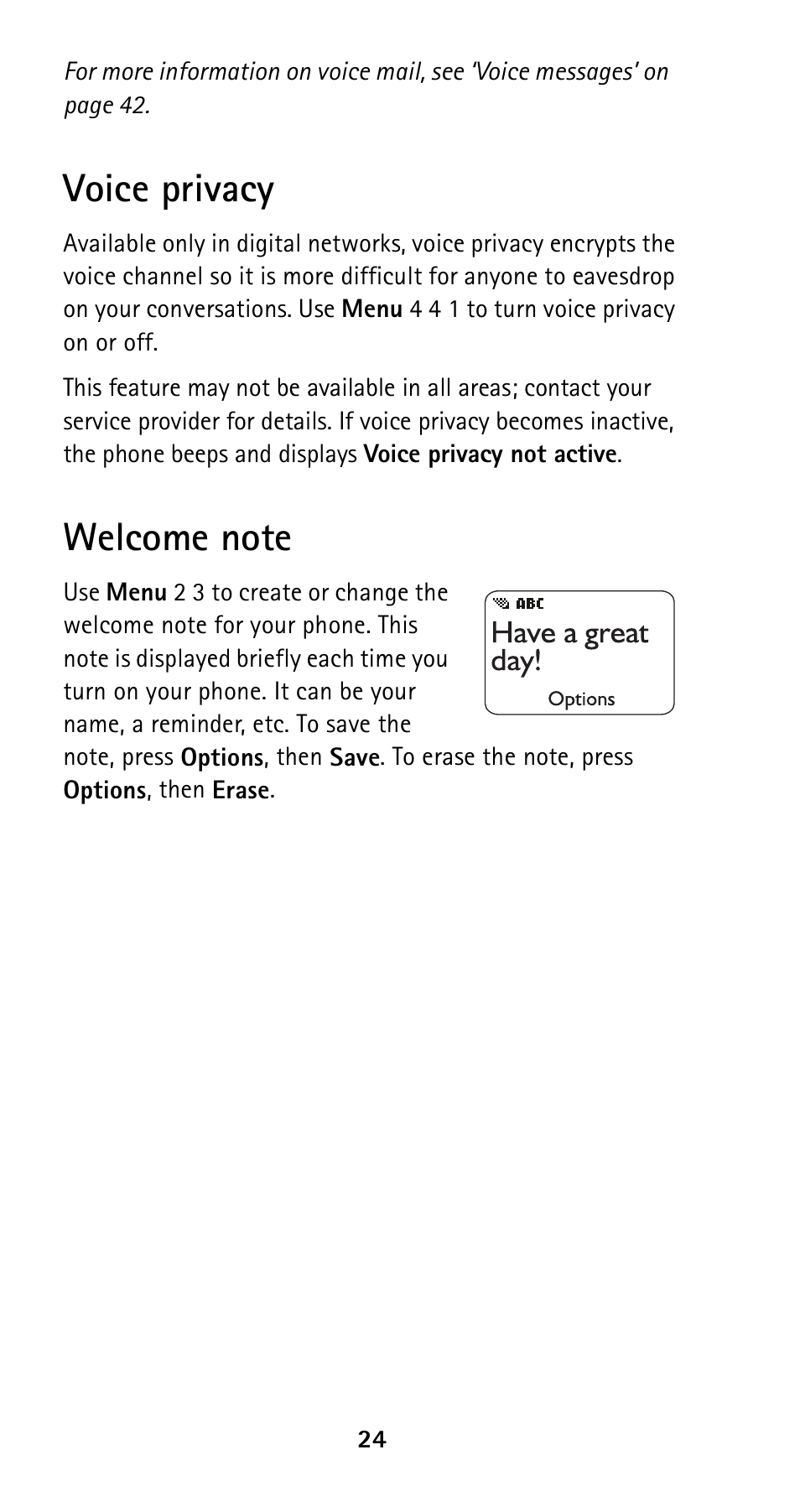 Voice privacy, Welcome note, Voice privacy welcome note | Nokia 5160i User Manual | Page 31 / 81