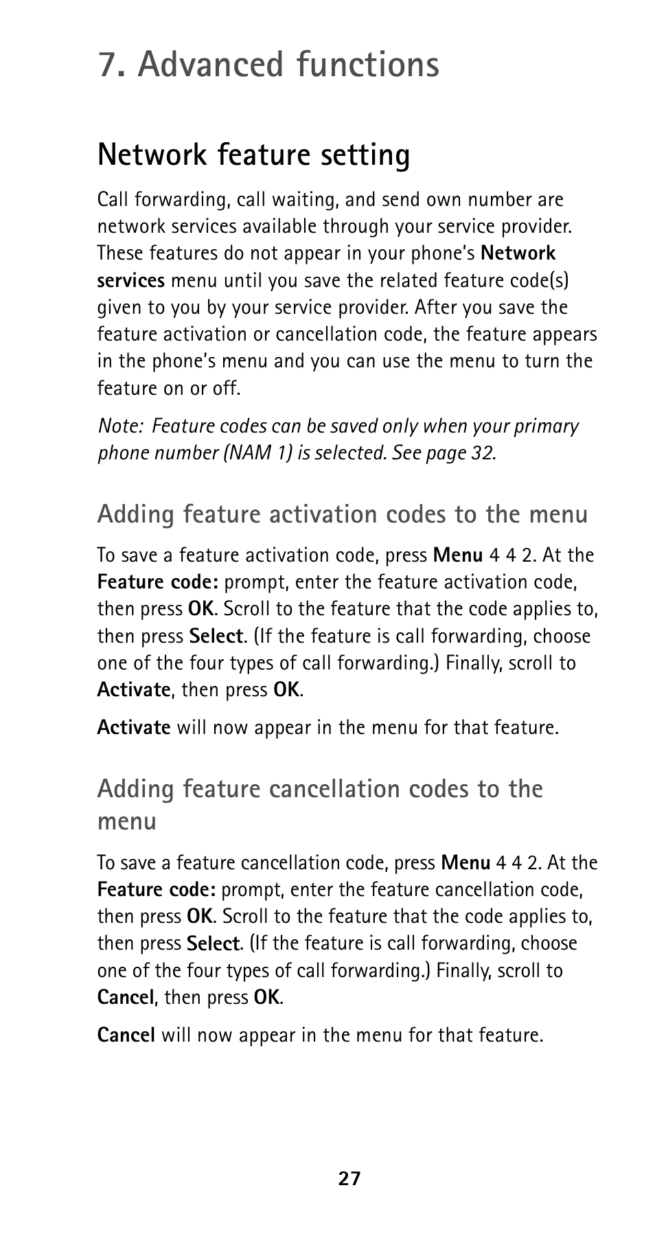 Advanced functions, Network feature setting, Adding feature activation codes to the menu | Adding feature cancellation codes to the menu | Nokia 5160i User Manual | Page 34 / 81