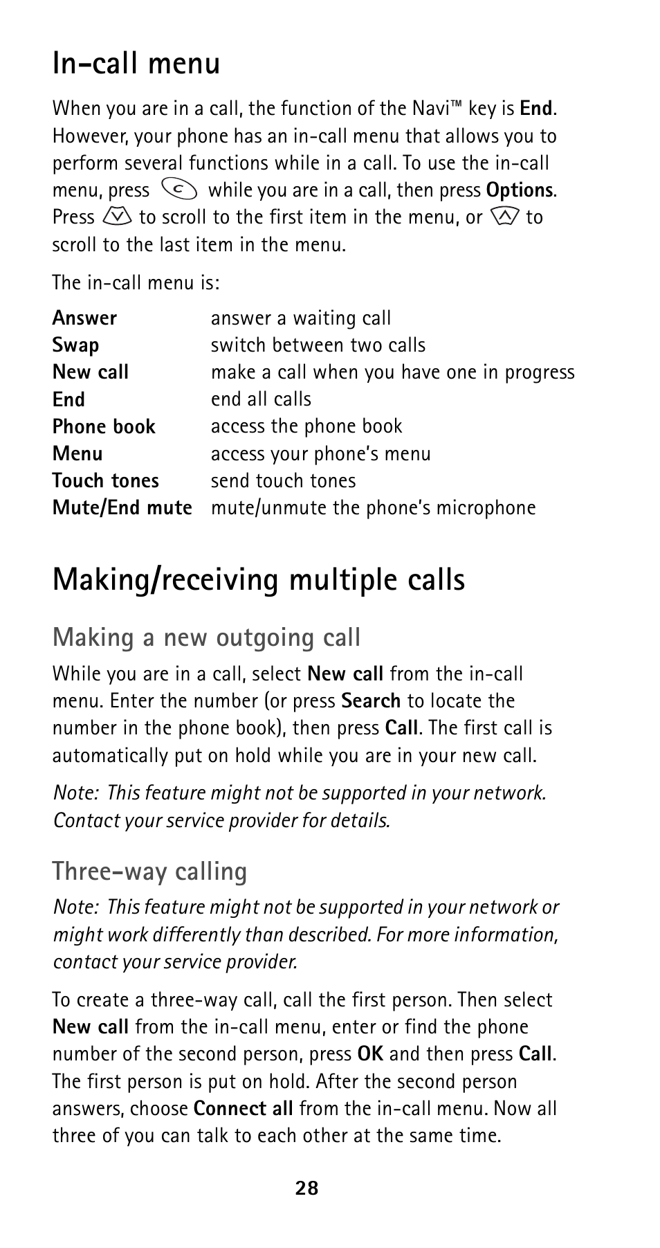 In-call menu, Making/receiving multiple calls, In-call menu making/receiving multiple calls | Making a new outgoing call, Three-way calling | Nokia 5160i User Manual | Page 35 / 81