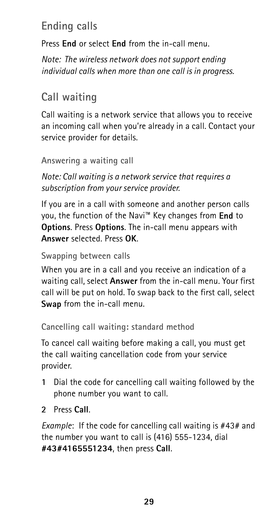 Ending calls, Call waiting | Nokia 5160i User Manual | Page 36 / 81