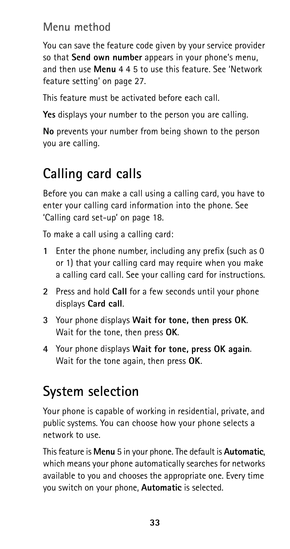 Calling card calls, System selection, Calling card calls system selection | Menu method | Nokia 5160i User Manual | Page 40 / 81