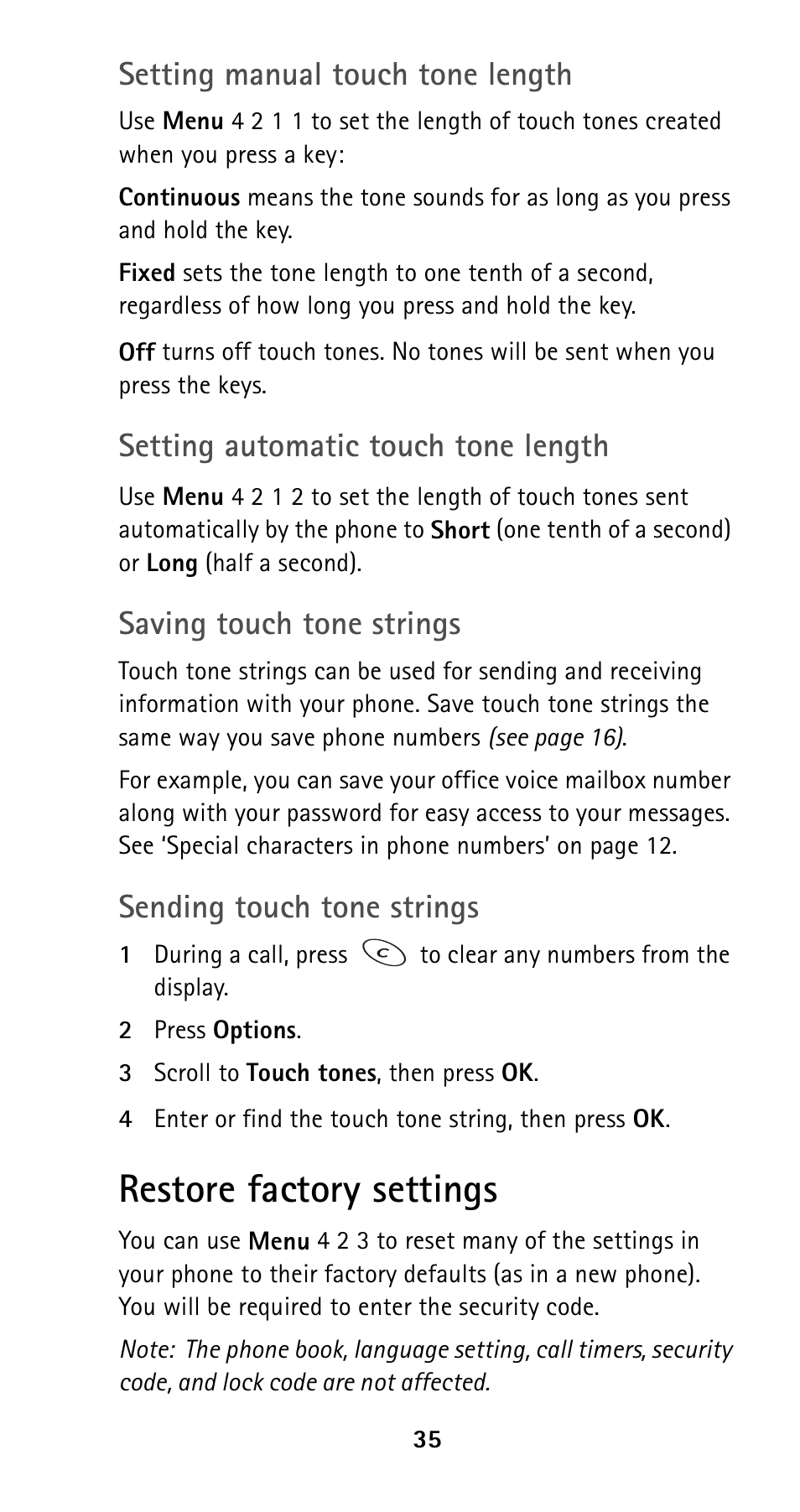 Restore factory settings, Phone lock, Setting manual touch tone length | Setting automatic touch tone length, Saving touch tone strings, Sending touch tone strings | Nokia 5160i User Manual | Page 42 / 81
