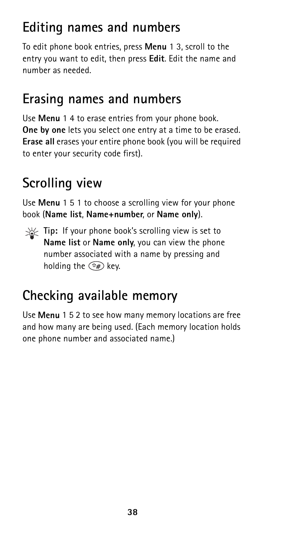 Editing names and numbers, Erasing names and numbers, Scrolling view | Checking available memory | Nokia 5160i User Manual | Page 45 / 81