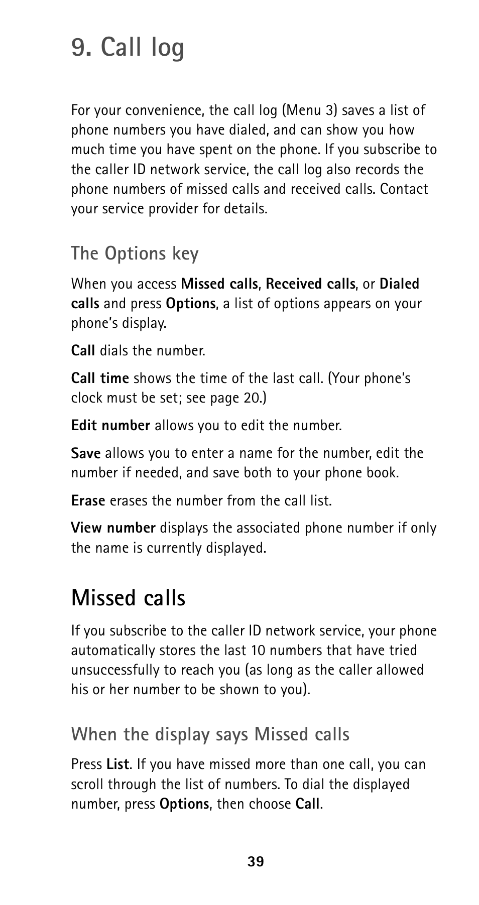 Call log, Missed calls | Nokia 5160i User Manual | Page 46 / 81