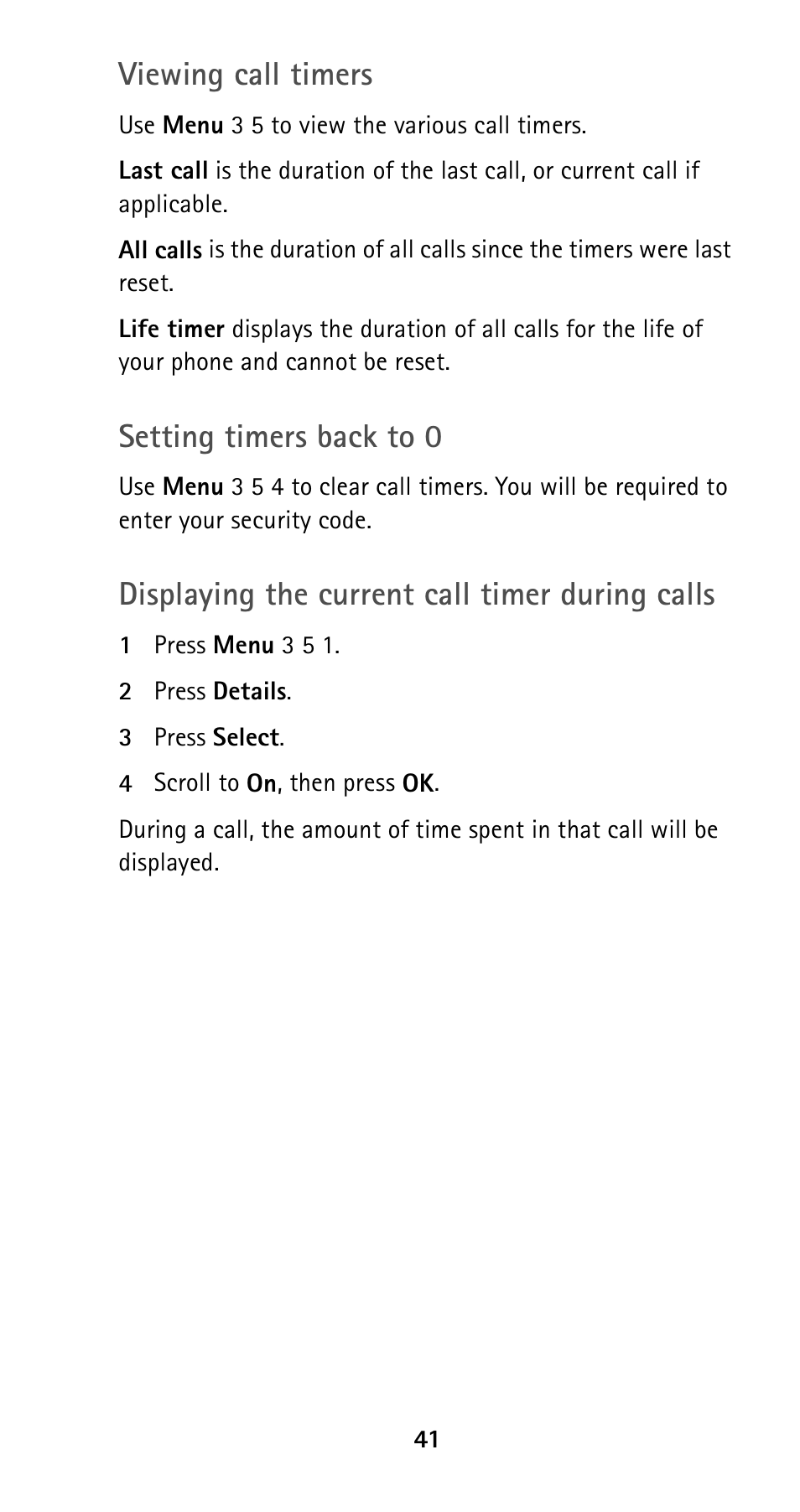 Viewing call timers, Setting timers back to 0, Displaying the current call timer during calls | Nokia 5160i User Manual | Page 48 / 81