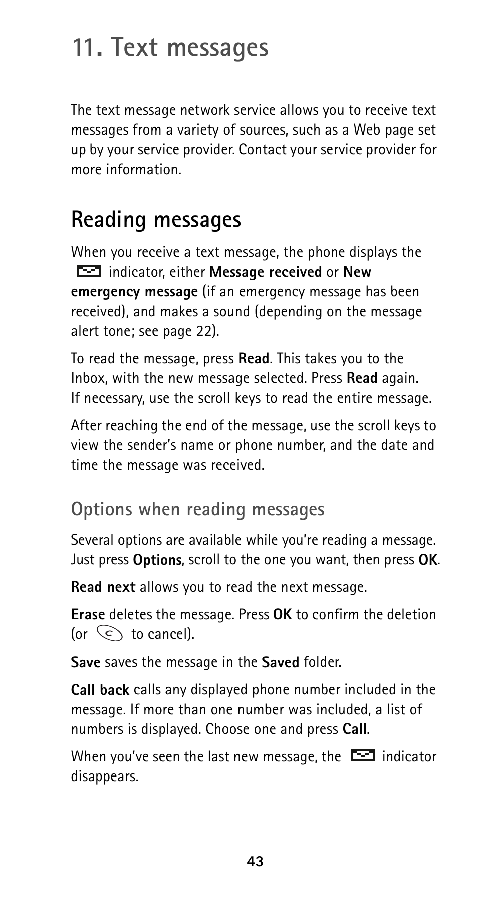 Text messages, Reading messages, Options when reading messages | Nokia 5160i User Manual | Page 50 / 81
