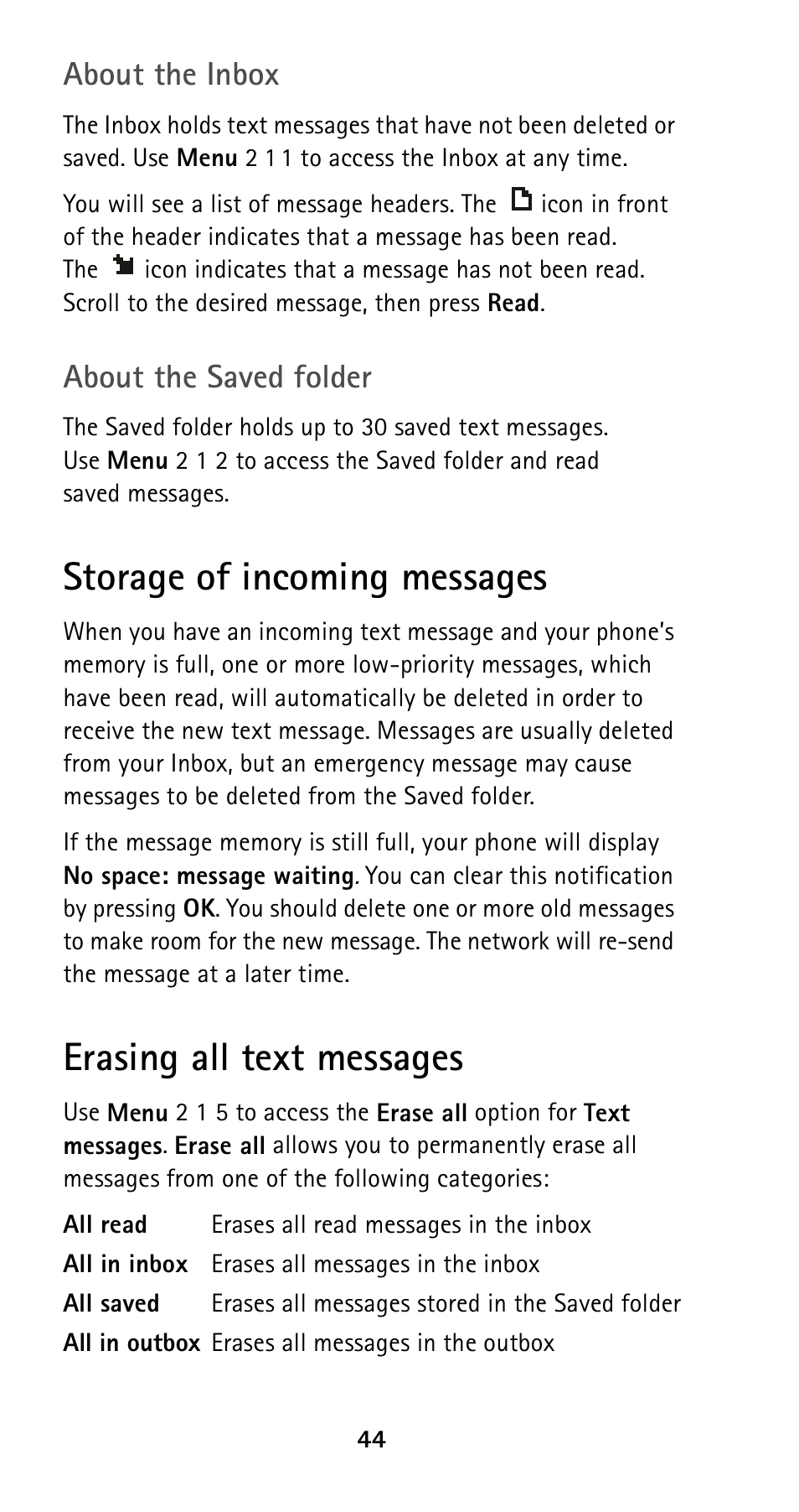 Storage of incoming messages, Erasing all text messages, About the inbox | About the saved folder | Nokia 5160i User Manual | Page 51 / 81