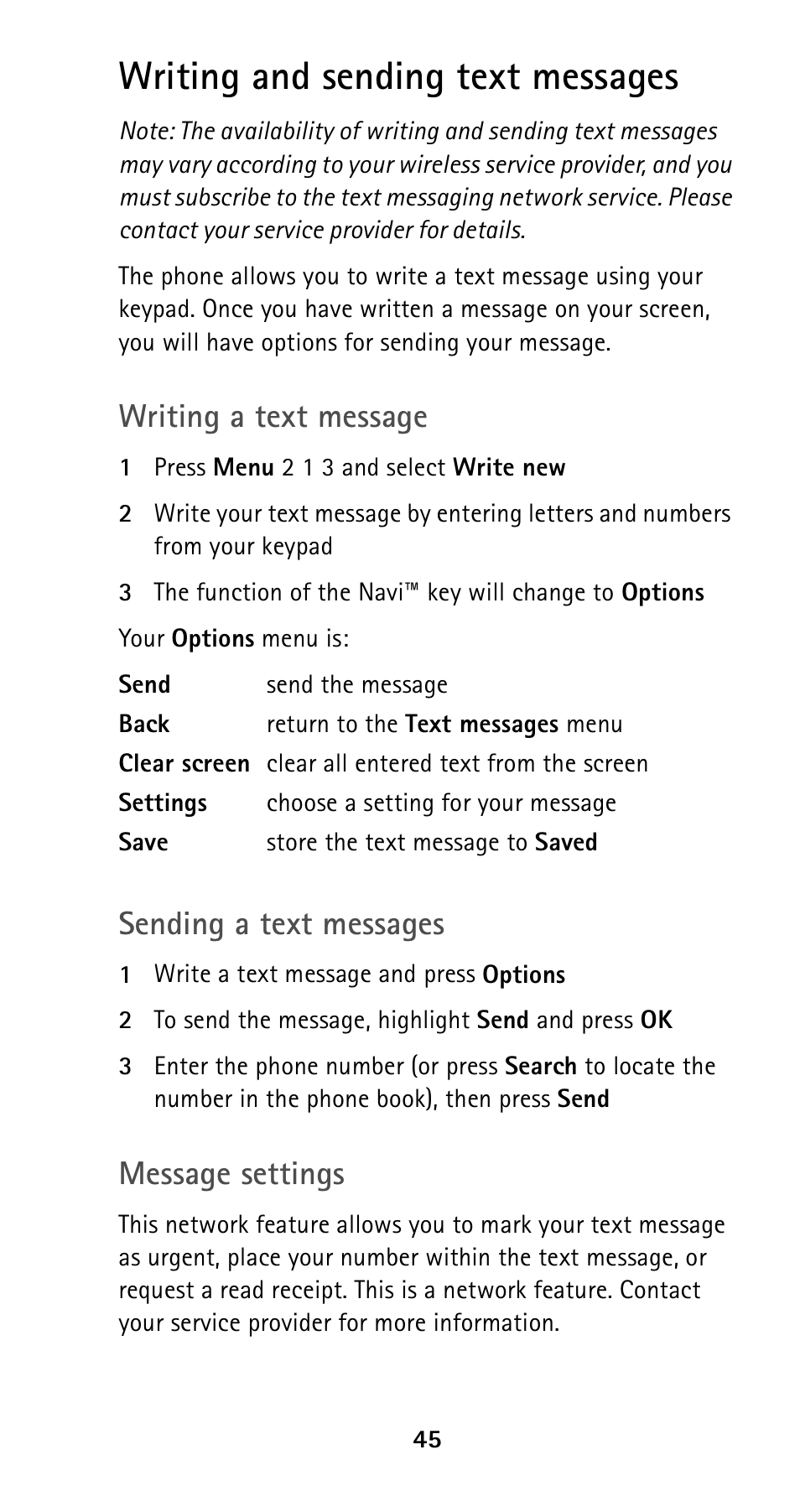 Writing and sending text messages, Writing a text message, Sending a text messages | Message settings | Nokia 5160i User Manual | Page 52 / 81
