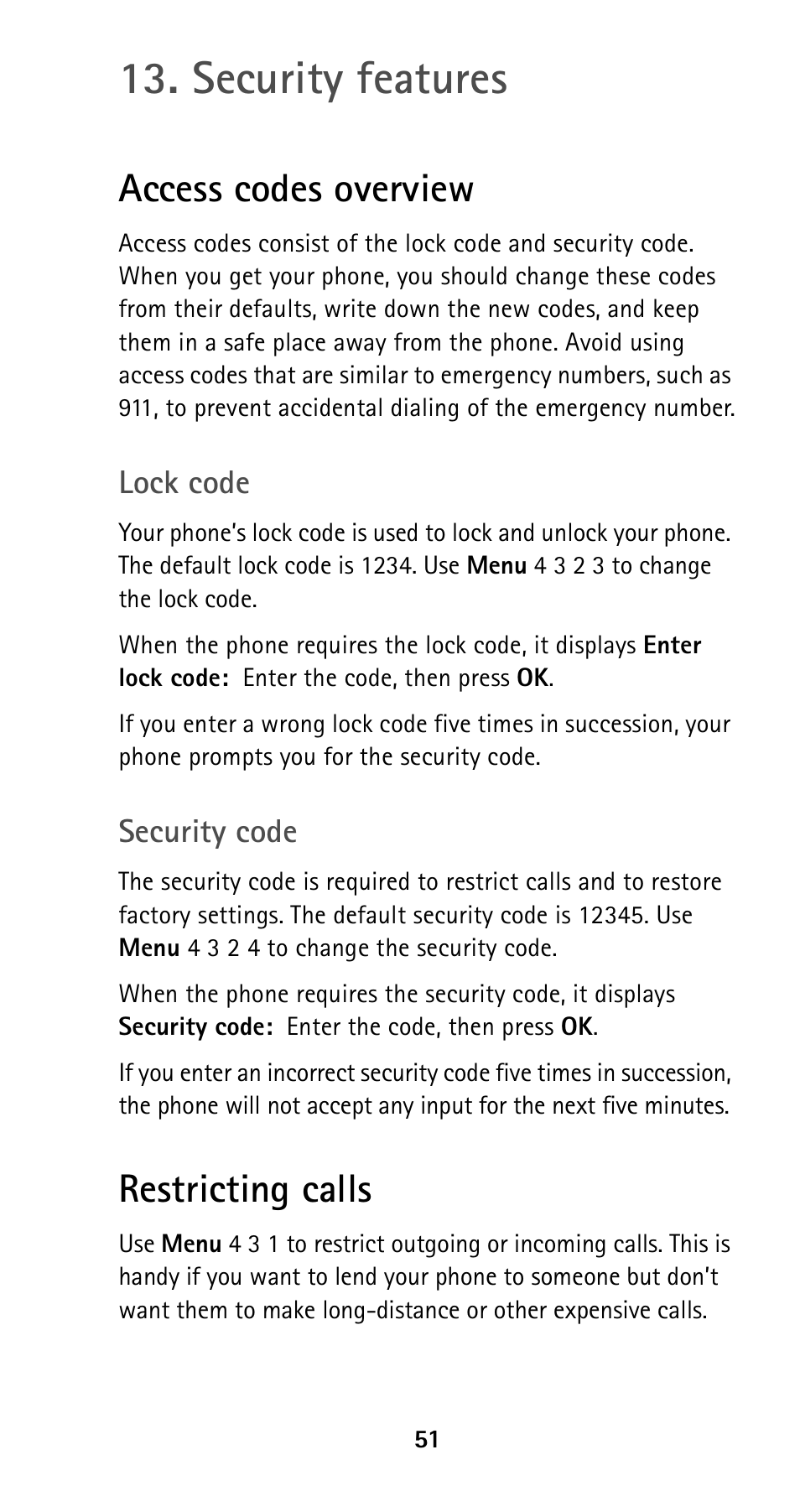 Security features, Access codes overview, Lock code | Security code, Restricting calls, Lock code security code | Nokia 5160i User Manual | Page 58 / 81