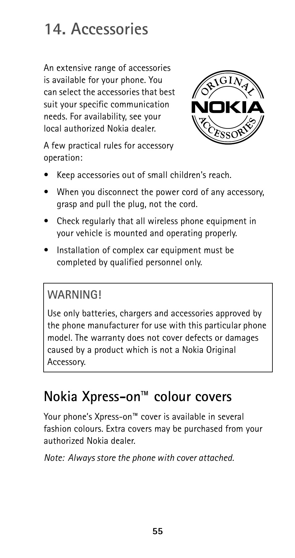Accessories, Nokia xpress-on™ colour covers, Warning | Nokia 5160i User Manual | Page 62 / 81