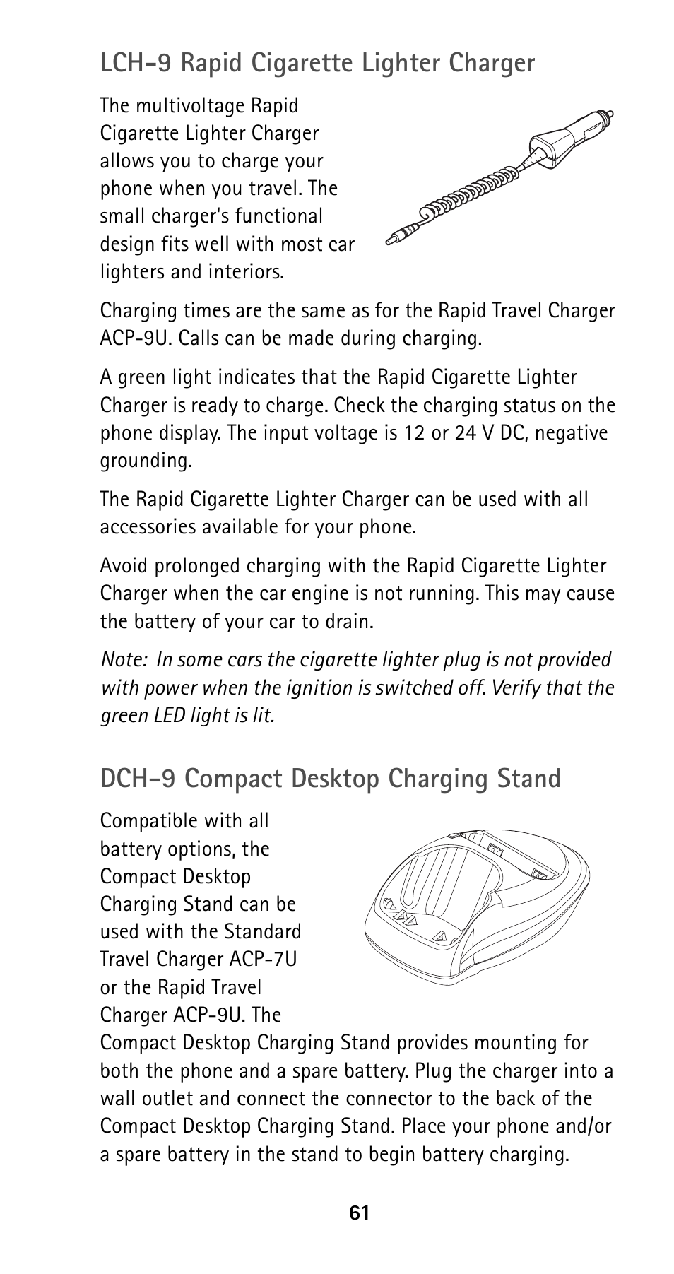 Lch-9 rapid cigarette lighter charger, Dch-9 compact desktop charging stand | Nokia 5160i User Manual | Page 68 / 81