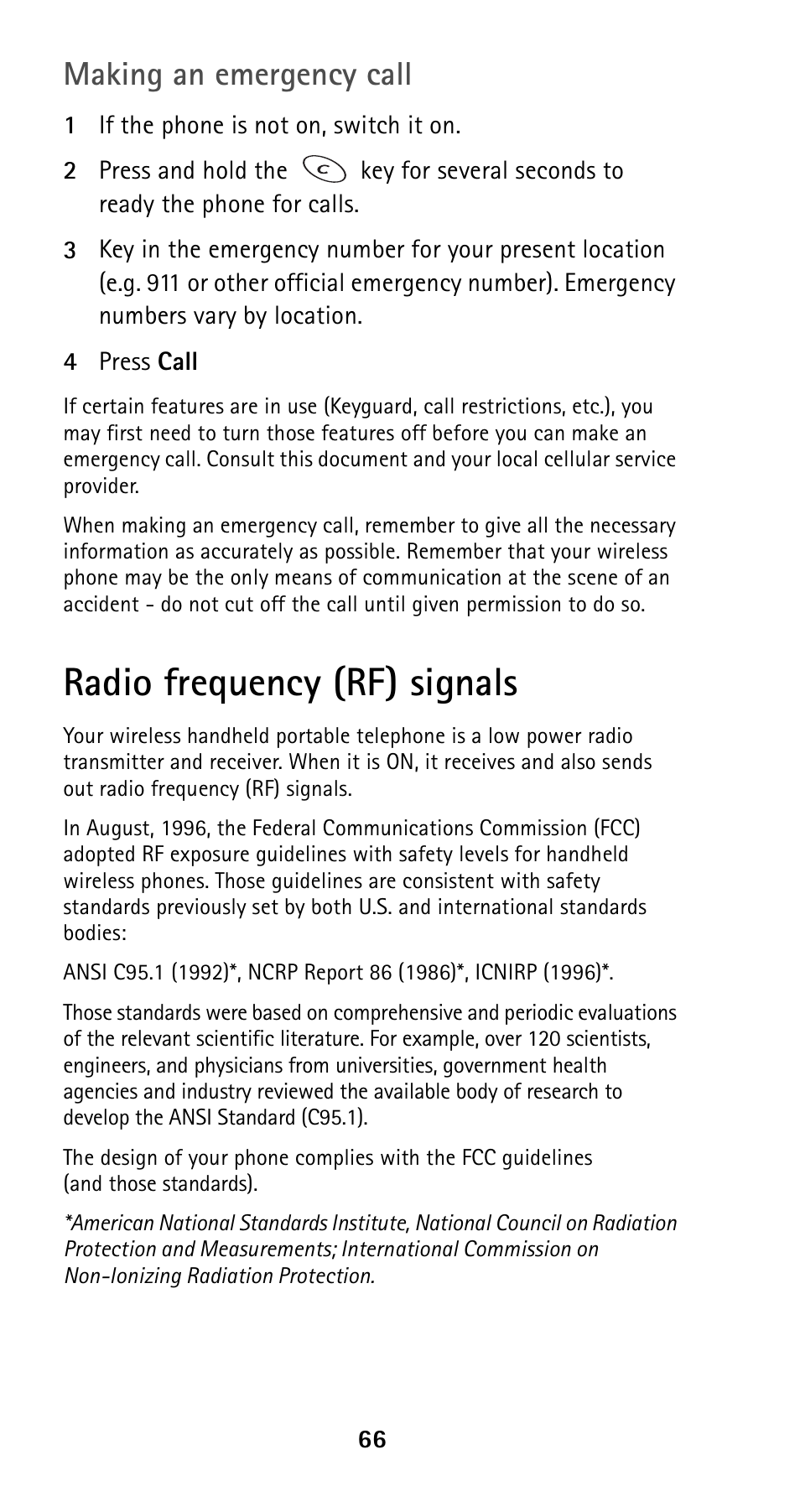 Radio frequency (rf) signals, Making an emergency call | Nokia 5160i User Manual | Page 73 / 81