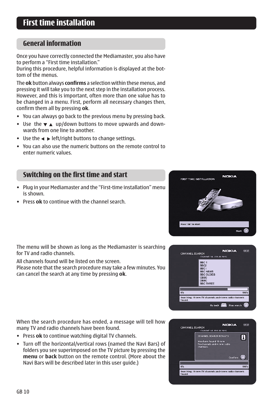 First time installation, General information, Switching on the first time and start | Nokia 121 T User Manual | Page 10 / 24