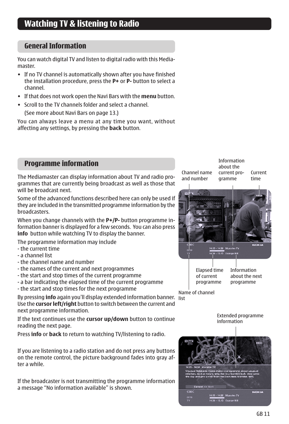 Watching tv & listening to radio, General information, Programme information | Nokia 121 T User Manual | Page 11 / 24