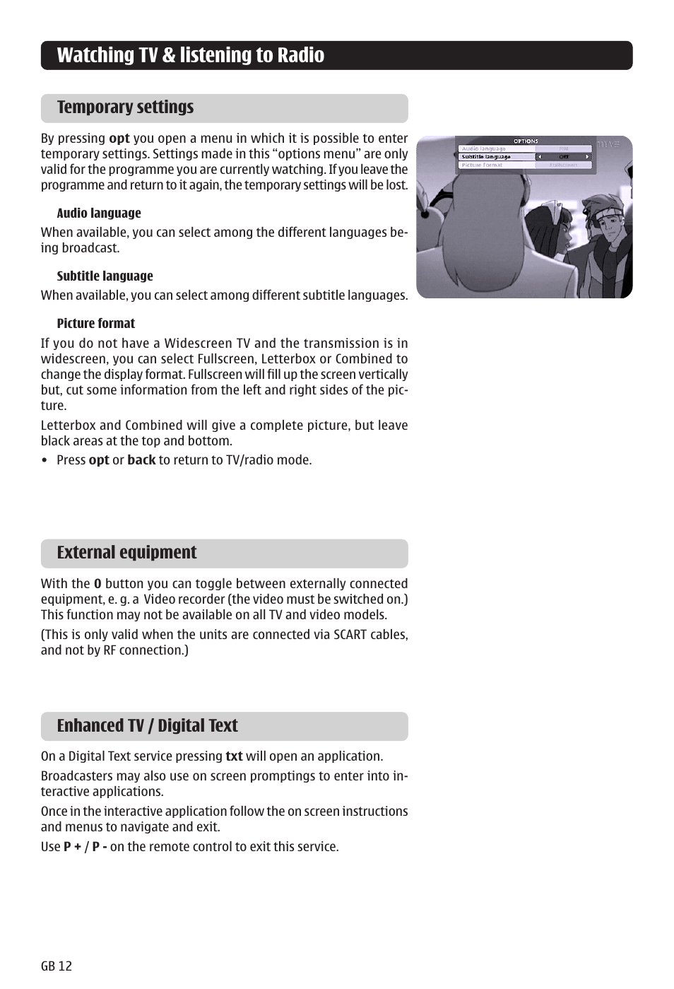 Watching tv & listening to radio, Temporary settings, Enhanced tv / digital text | External equipment | Nokia 121 T User Manual | Page 12 / 24