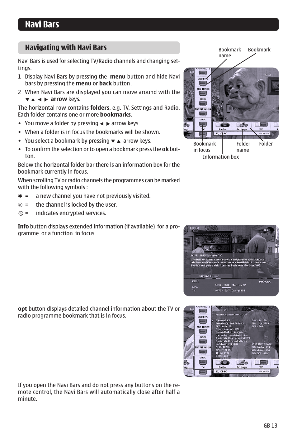 Navi bars, Navigating with navi bars | Nokia 121 T User Manual | Page 13 / 24