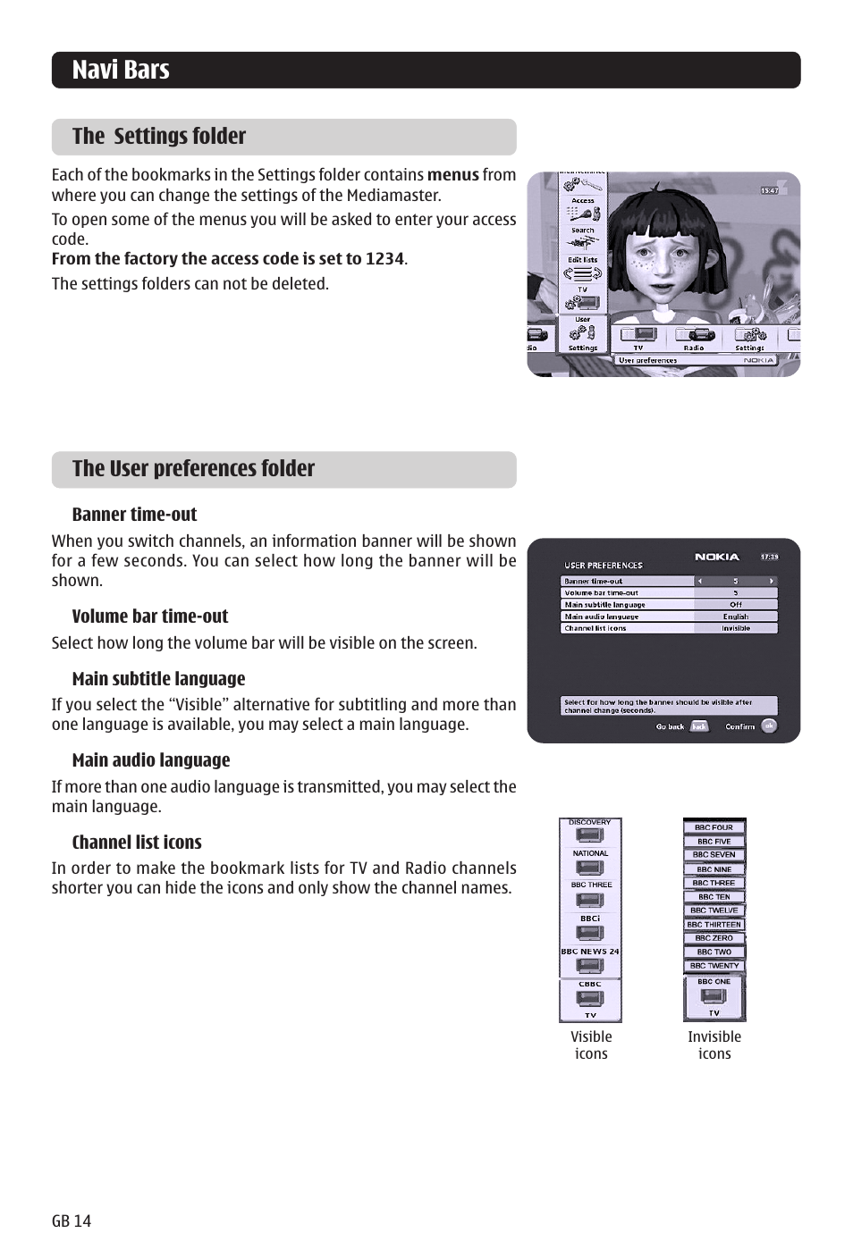 Navi bars, The user preferences folder the settings folder | Nokia 121 T User Manual | Page 14 / 24