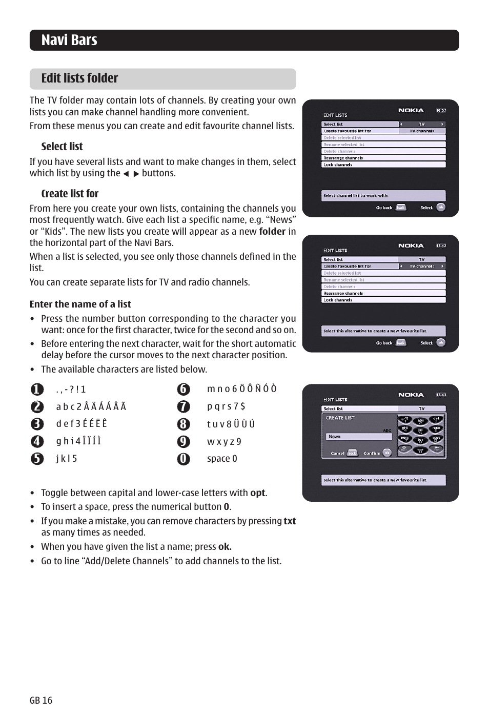 Navi bars, Edit lists folder | Nokia 121 T User Manual | Page 16 / 24