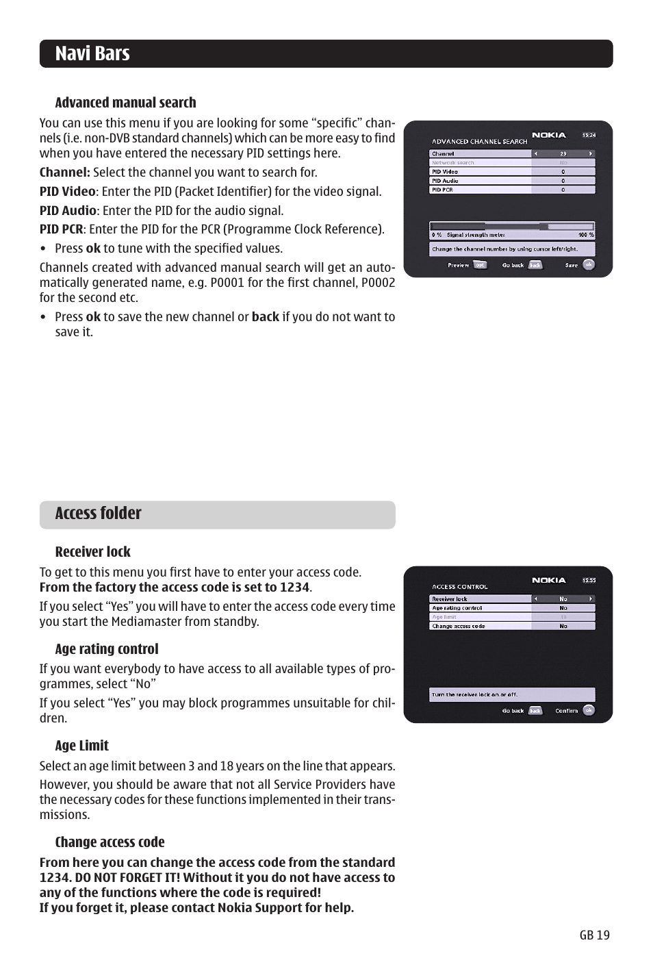 Navi bars, Access folder | Nokia 121 T User Manual | Page 19 / 24