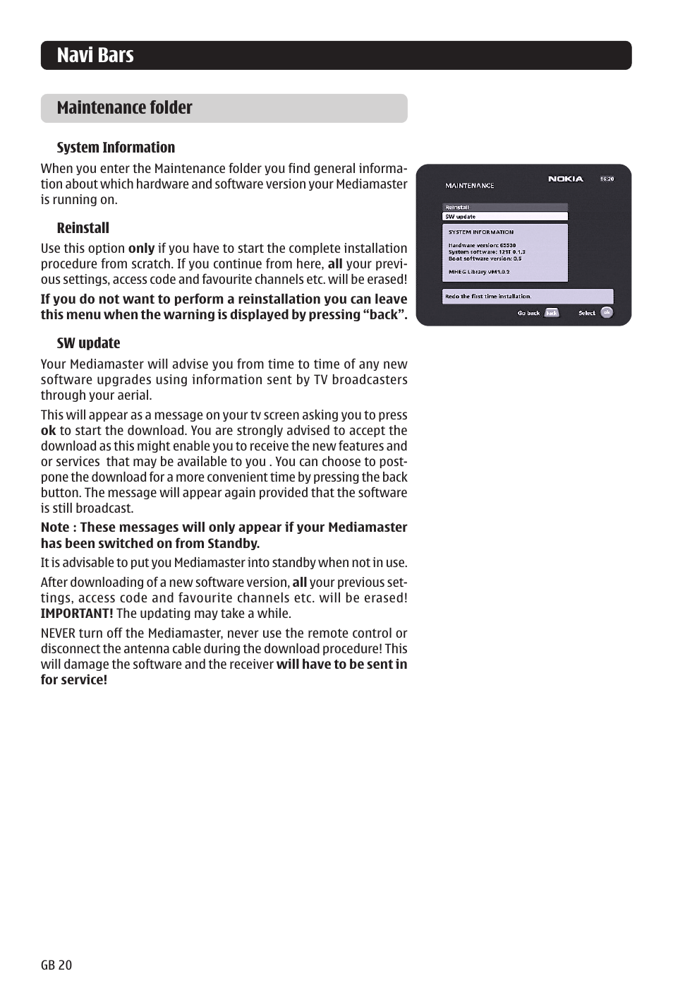 Navi bars, Maintenance folder | Nokia 121 T User Manual | Page 20 / 24