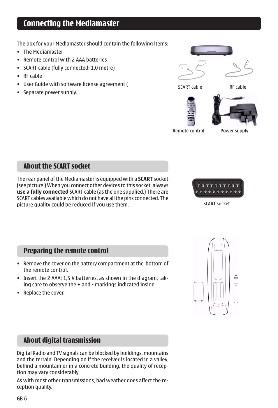 Connecting the mediamaster, Preparing the remote control, About the scart socket | About digital transmission | Nokia 121 T User Manual | Page 6 / 24