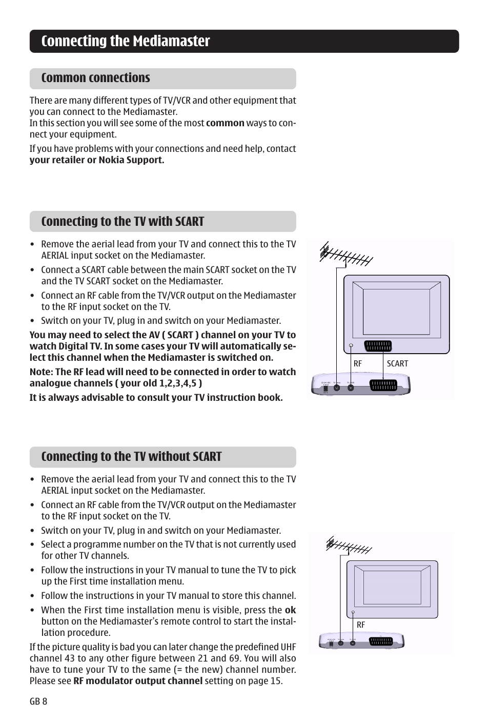 Connecting the mediamaster, Connecting to the tv without scart, Common connections | Connecting to the tv with scart | Nokia 121 T User Manual | Page 8 / 24