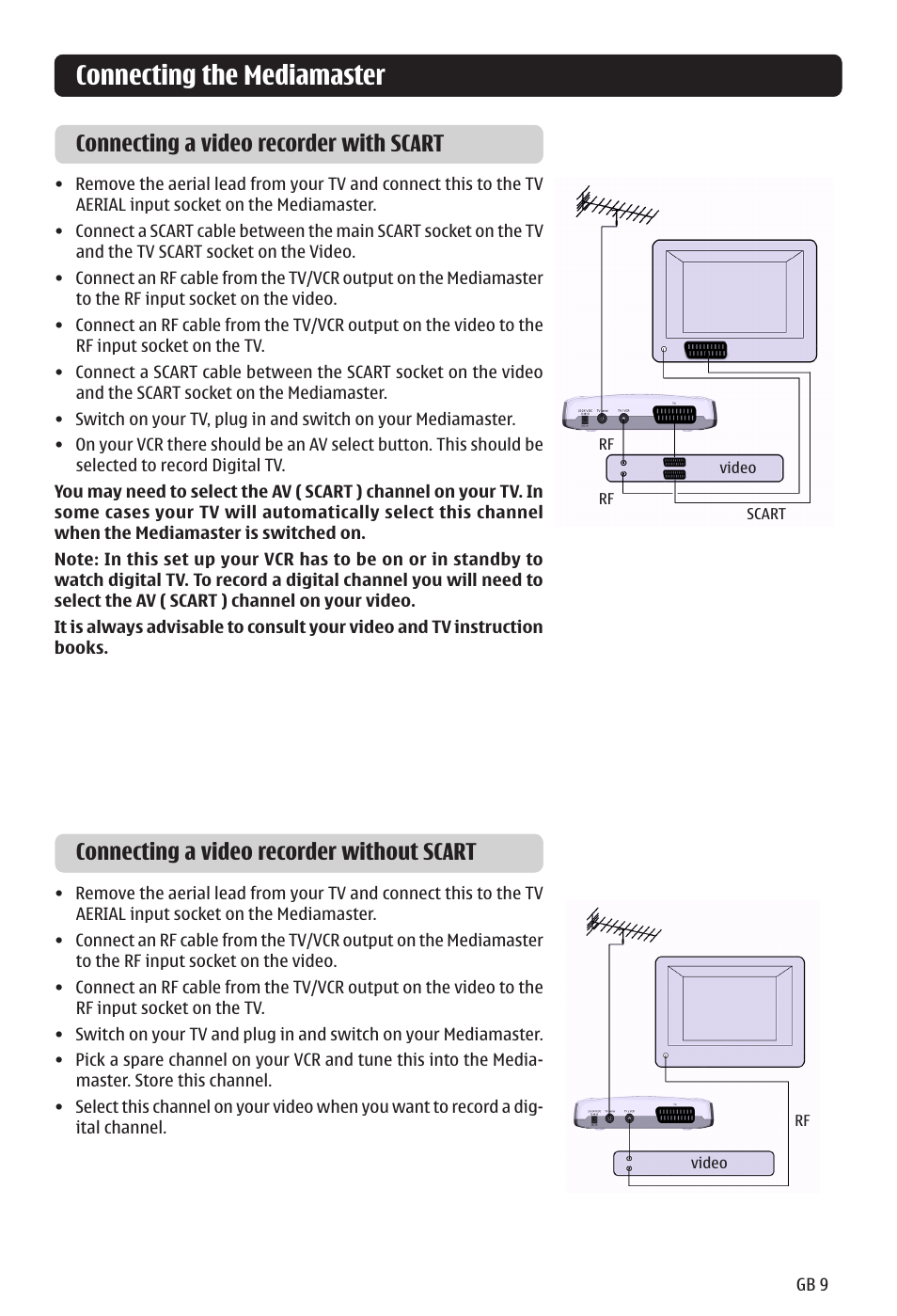 Connecting the mediamaster, Connecting a video recorder without scart, Connecting a video recorder with scart | Nokia 121 T User Manual | Page 9 / 24