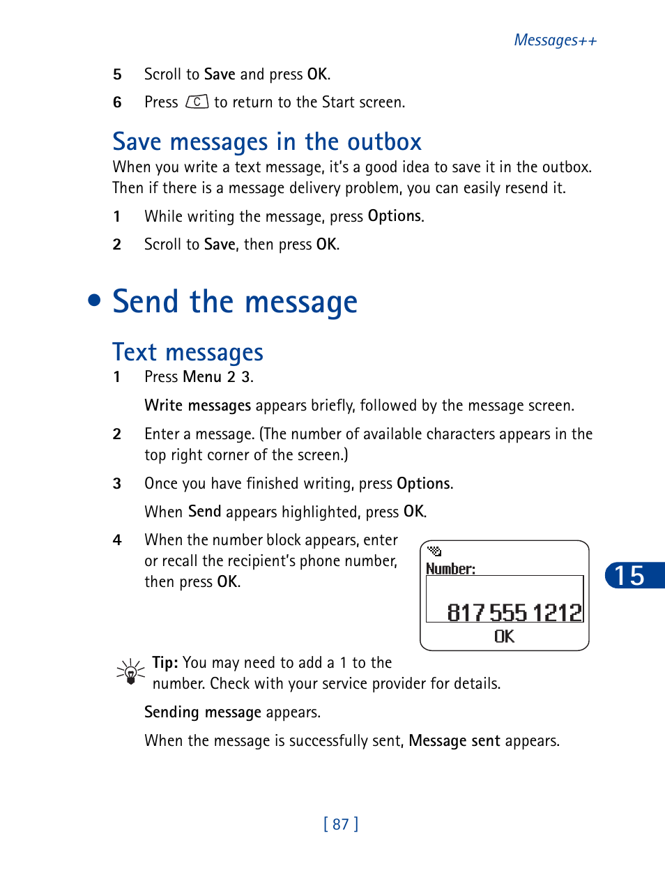 Send the message, Save messages in the outbox, Text messages | Nokia 3390 User Manual | Page 100 / 161