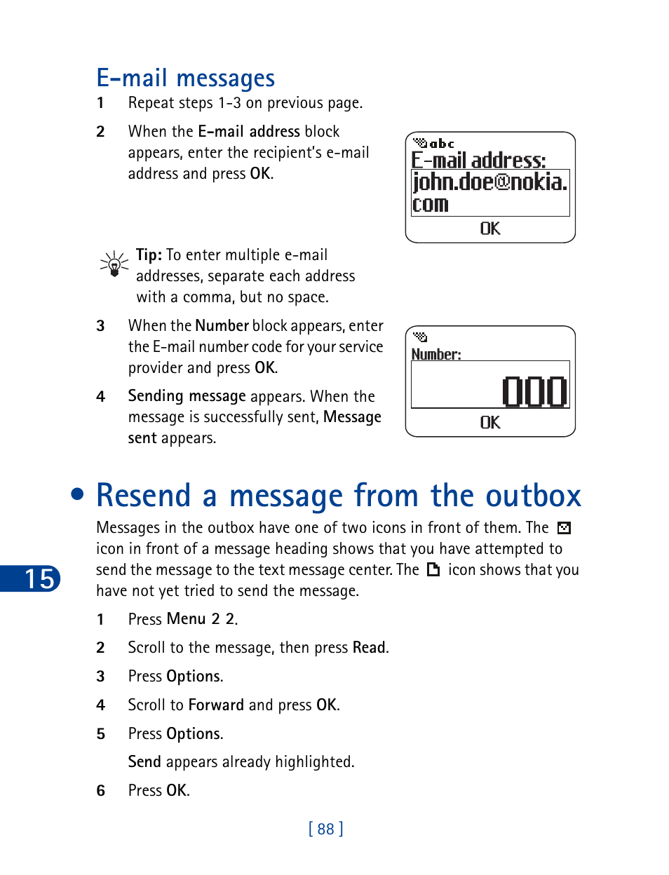 Resend a message from the outbox, E-mail messages | Nokia 3390 User Manual | Page 101 / 161